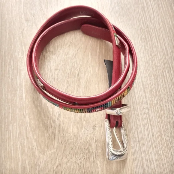SOLD Brighton Belt Genuine Leather Silver Beaded Native American Red Size 32 … - Picture 4 of 12